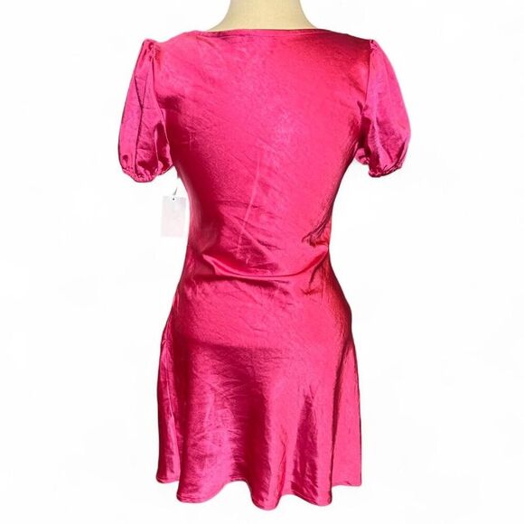 Lush Fuschia Satin Puff Sleeve Mini Dress Y2K Style Barbie Pink Size Medium - Picture 3 of 8